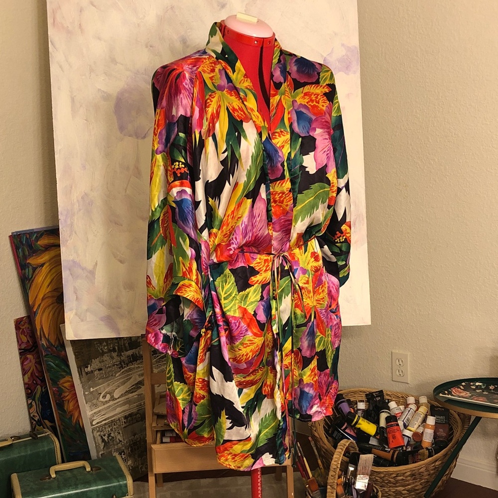Vintage Vibrant Floral Satin Robe - Multicolor - Intimate Attitudes
